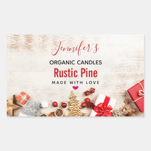 Rustic Wood Photograph with Christmas Items Candle Rectangular Sticker