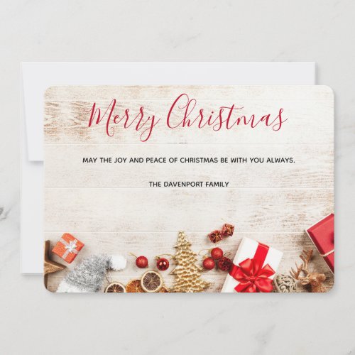Rustic Wood Photograph with Christmas Items Holiday Card