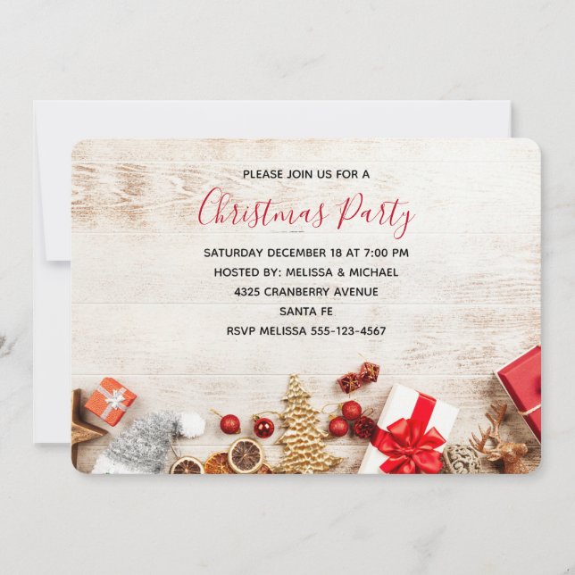 Rustic Wood Photograph with Christmas Items Party Invitation (Front)