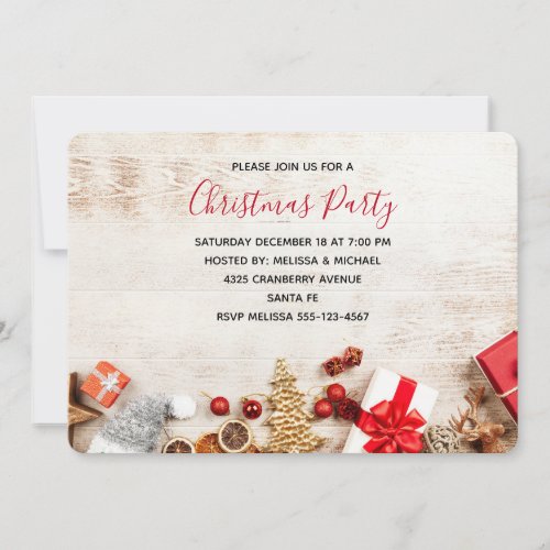 Rustic Wood Photograph with Christmas Items Party Invitation