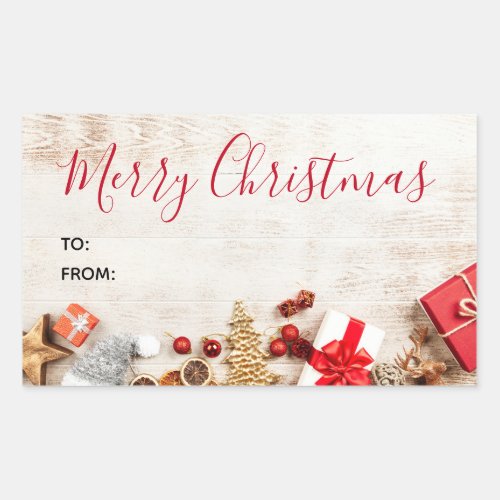 Rustic Wood Photograph with Christmas Items Rectangular Sticker