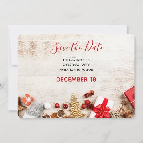 Rustic Wood Photograph with Christmas Items Save The Date