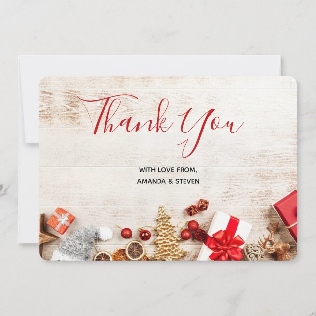 Rustic Wood Photograph with Christmas Items Thank You Card (Front)