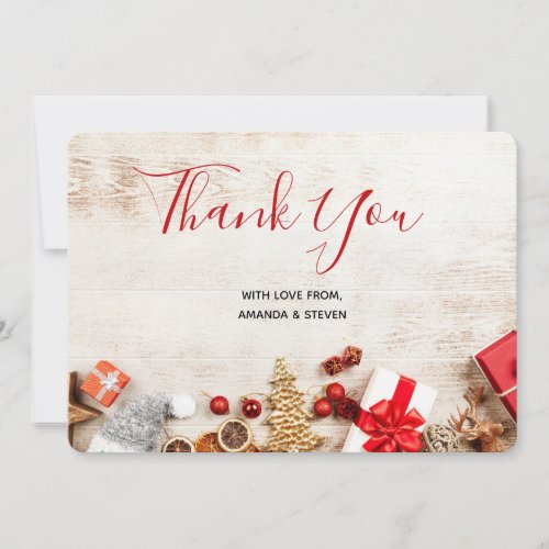 Rustic Wood Photograph with Christmas Items Thank You Card