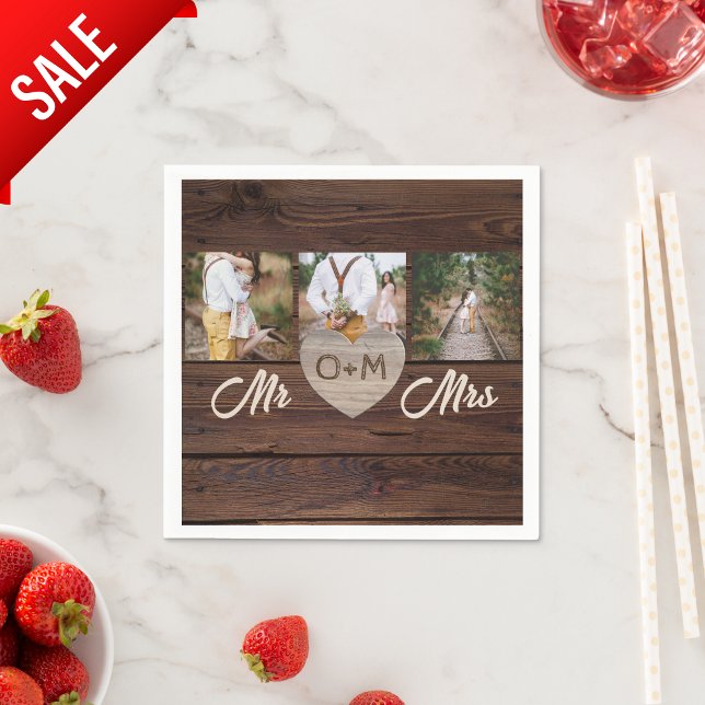 Rustic Wood Photos Monogram Wedding Reception Napkins (Creator Uploaded)