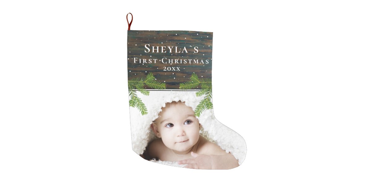 Rustic Wood Pine Baby`s First Christmas Photo Large Christmas Stocking ...