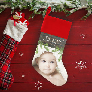 Rustic Wood Pine Baby`s First Christmas Photo Stocking