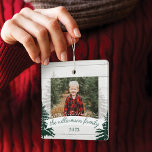 Rustic Wood Pine Christmas Trees Family Photo Ceramic Ornament<br><div class="desc">Rustic country-style farm fresh Christmas trees family photo keepsake ornament. The ornament can be customized with the family name,  the year,  and the photo. Rustic white wood shiplap background with rustic pine trees. The family name is displayed in a white banner. Artwork by Moodthology Papery.</div>