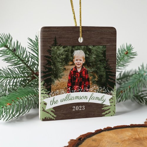 Rustic Wood Pine Christmas Trees Family Photo Ceramic Ornament