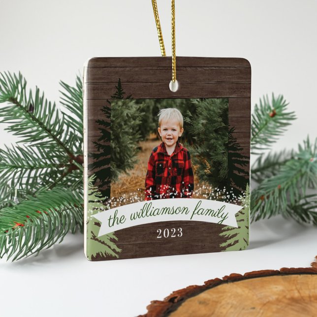 Rustic Wood Pine Christmas Trees Family Photo Ceramic Ornament (Rustic Wood Pine Christmas Trees Family Photo Ceramic Ornament)
