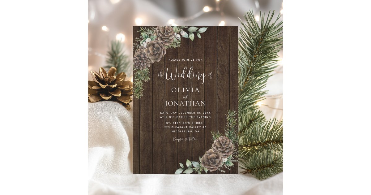 Rustic Wood Pine Cone Winter Wedding Invitation | Zazzle