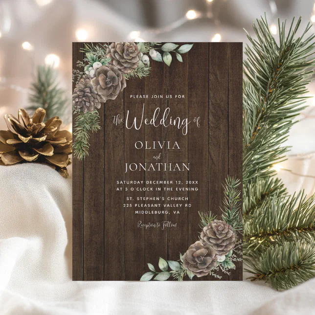 Rustic Wood Pine Cone Winter Wedding Invitation | Zazzle