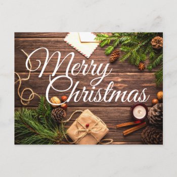 Rustic Wood Pine Cones Merry Christmas Postcard by UniqueChristmasGifts at Zazzle