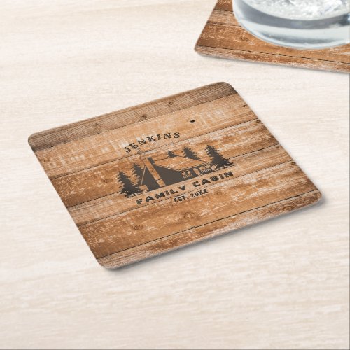 Rustic Wood Pine Forest Cabin Lodge Personalized Square Paper Coaster