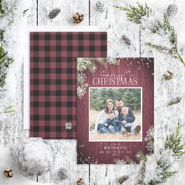 Rustic Wood Pine Snowflakes Merry Family Photo Holiday Card