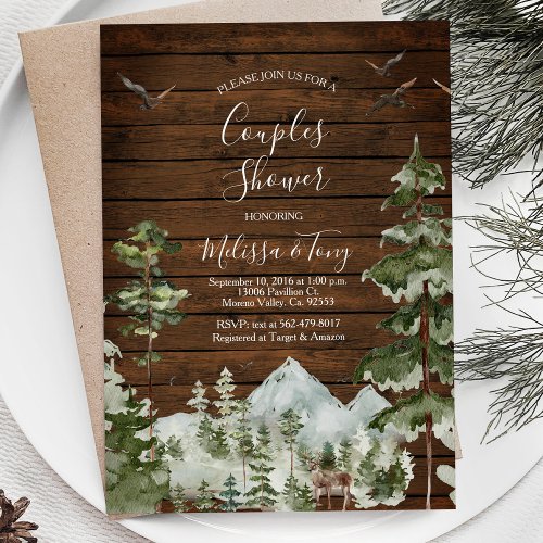 Rustic Wood Pine Tree Mountain Couple Shower Invitation