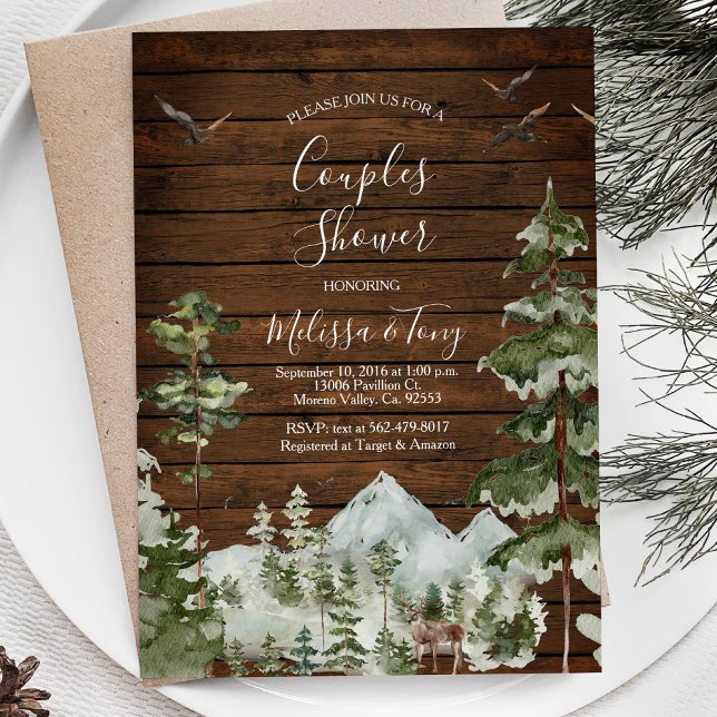 Rustic Wood Pine Tree Mountain Couple Shower Invitation (Creator Uploaded)