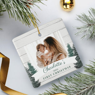 Rustic Wood Pine Trees Baby First Christmas Photo Ceramic Ornament