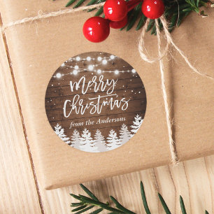 Rustic Wood Pine Trees Christmas String Lights Classic Round Sticker