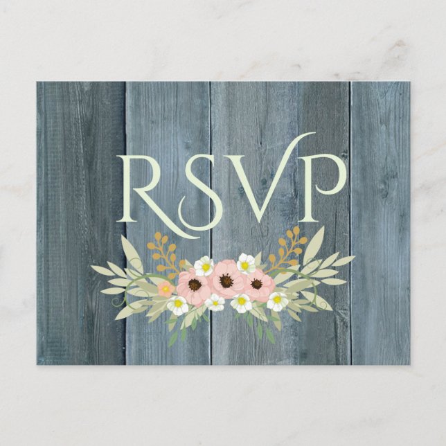 Rustic Wood Pink and Green Floral RSVP Invitation Postcard (Front)