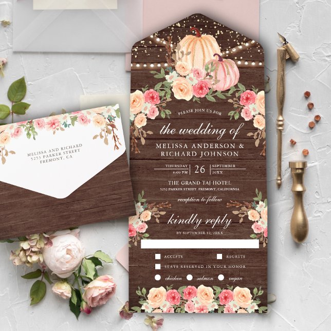 Rustic Wood Pink and Peach Pumpkin Floral Wedding All In One Invitation (Creator Uploaded)