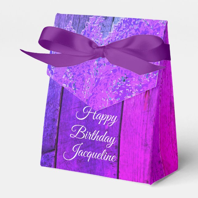Rustic Wood Pink and Purple Lilac Personalized Favor Boxes (Front Side)