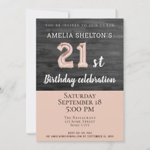 Rustic Wood Pink Balloon 21st Birthday Party Invitation