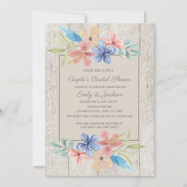 Rustic Wood Pink Blue Floral Couples Bridal Shower Invitation (Front)