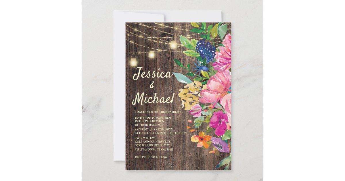 Rustic Wood Pink Blue Floral String Lights Wedding Invitation | Zazzle