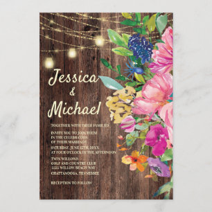 Rustic Wood Pink Blue Floral String Lights Wedding Invitation