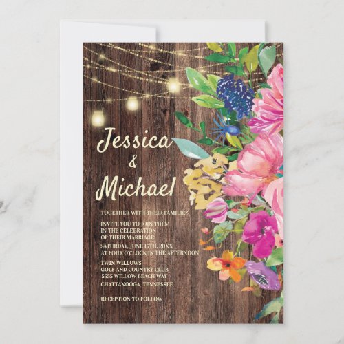 Rustic Wood Pink Blue Floral String Lights Wedding Invitation