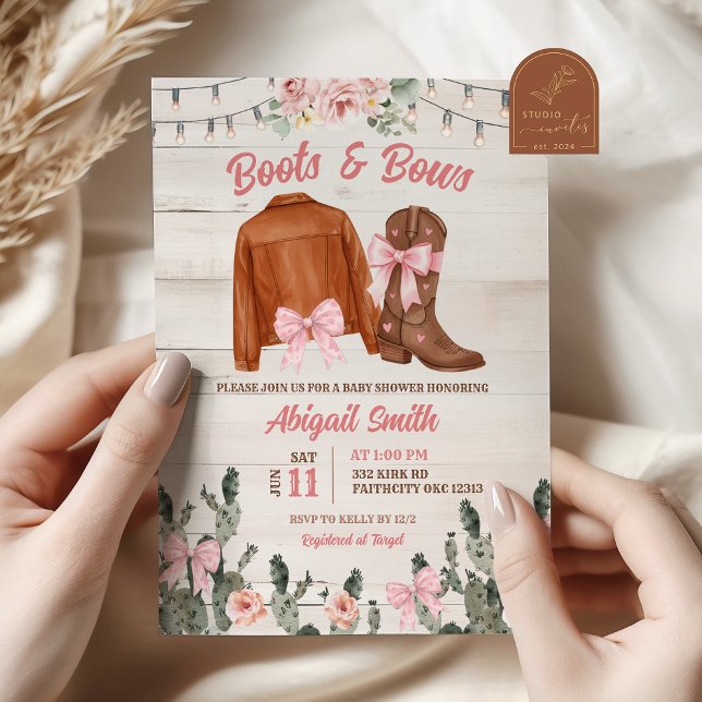Rustic Wood Pink Boots and Bows Baby Shower Invitation (Creator Uploaded)