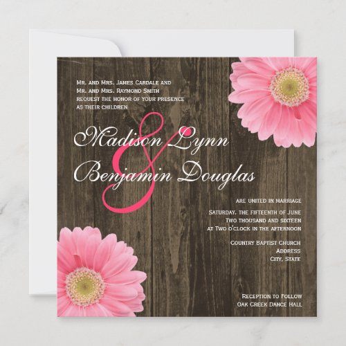 Rustic Wood Pink Daisy Square Wedding Invitations