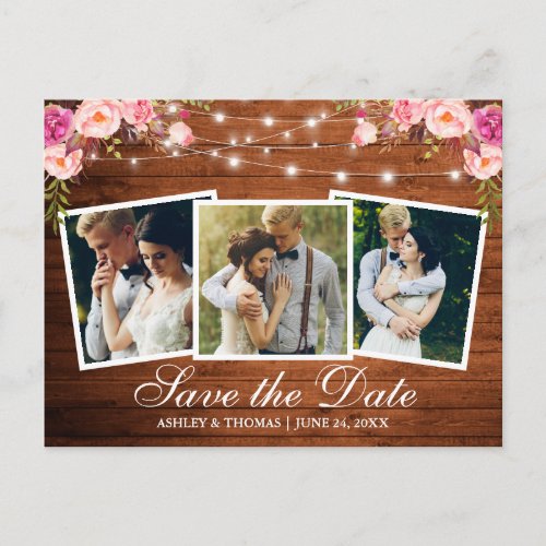 Rustic Wood Pink Floral 3 Photo Save The Date Invitation Postcard