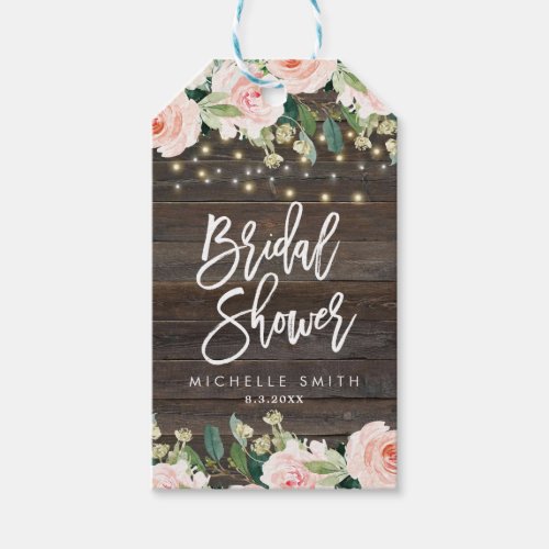 rustic wood pink floral bridal shower tags