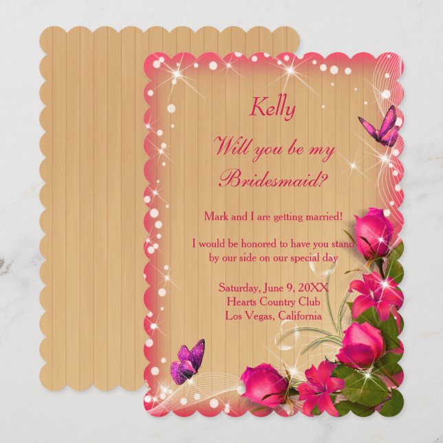Rustic Wood Pink Floral Butterfly Bridesmaid Invitation (Front/Back)