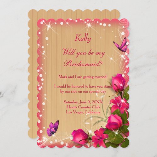 Rustic Wood Pink Floral Butterfly Bridesmaid Invitation