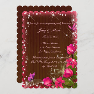 Rustic Wood Pink Floral Butterfly Engagement Party Invitation