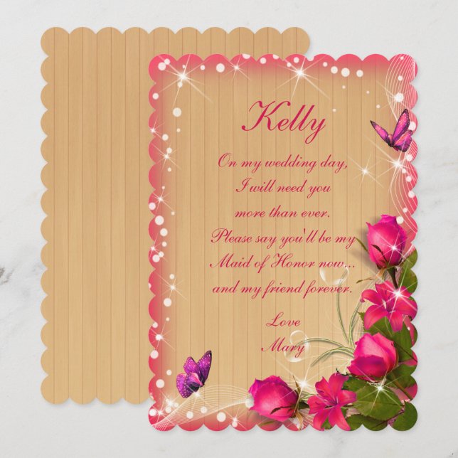 Rustic Wood Pink Floral Butterfly Maid Of Honor Invitation (Front/Back)