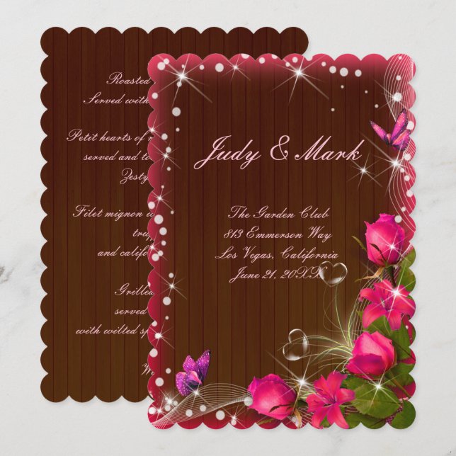 Rustic Wood Pink Floral Butterfly Menu Card (Front/Back)