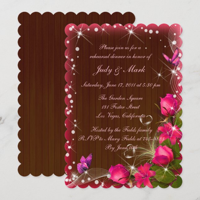 Rustic Wood Pink Floral Butterfly Rehearsal Dinner Invitation (Front/Back)