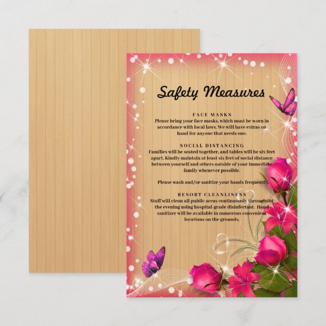 Rustic Wood Pink Floral Butterfly Safety Measures Enclosure Card (Front/Back)