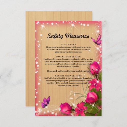 Rustic Wood Pink Floral Butterfly Safety Measures Enclosure Card