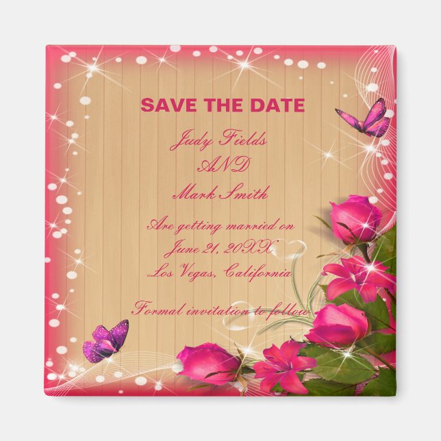 Rustic Wood Pink Floral Butterfly Save The Date Magnet (Front)