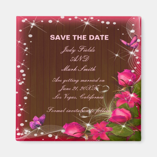 Rustic Wood Pink Floral Butterfly Save The Date Magnet (Front)