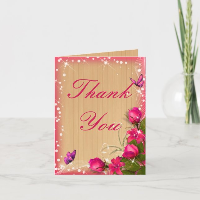 Rustic Wood Pink Floral Butterfly Thank You Card (Front)
