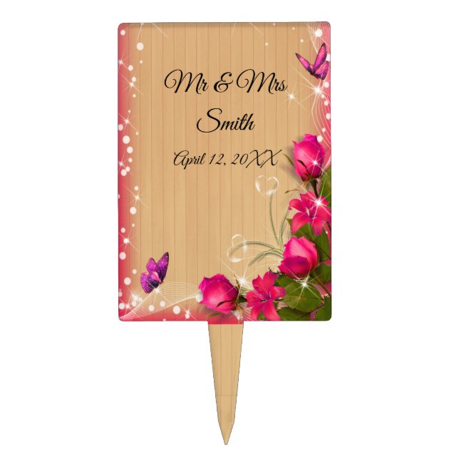 Rustic Wood Pink Floral Butterfly Wedding Cake Topper (Front)