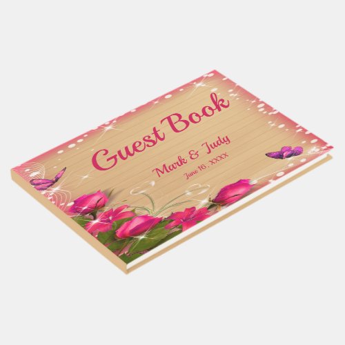 Rustic Wood Pink Floral Butterfly Wedding Guest Book