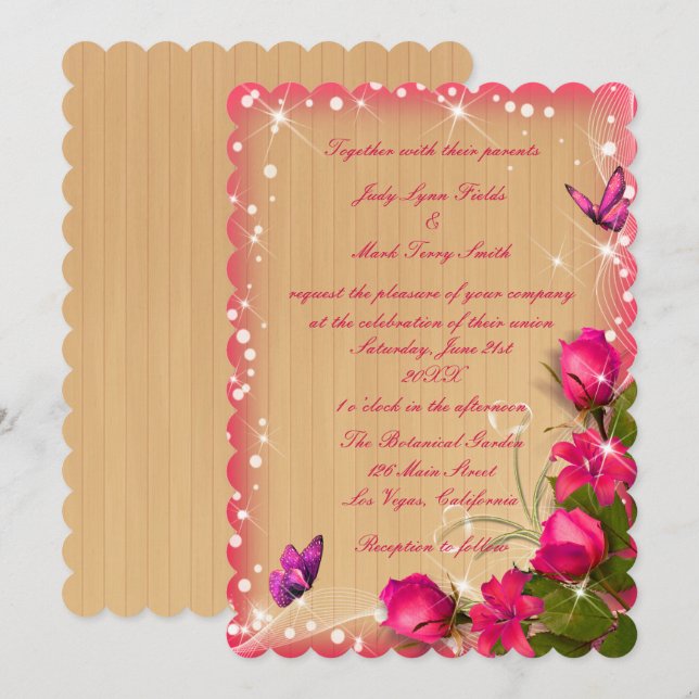 Rustic Wood Pink Floral Butterfly Wedding Invitation (Front/Back)