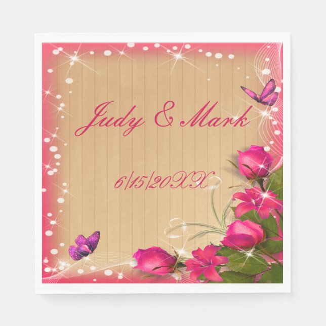 Rustic Wood Pink Floral Butterfly Wedding Paper Napkins (Front)